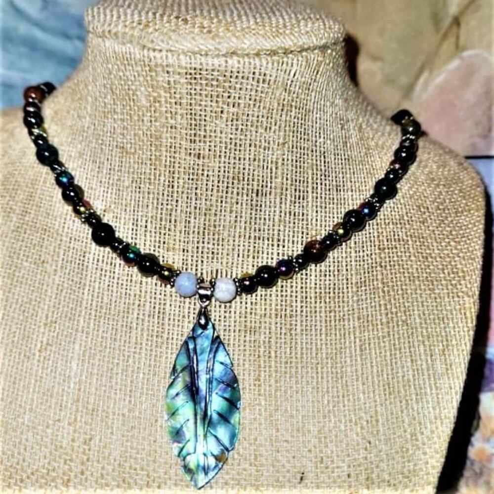 Hematite & Carved Abalone Leaf Pendant Necklace